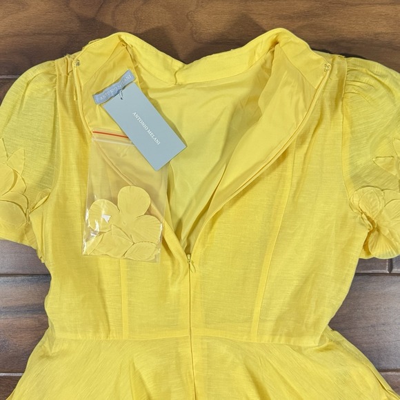 Antonio Melani Women's Size 12 Yellow Floral Appliqué Iris Linen Mini Dress - Picture 10 of 12